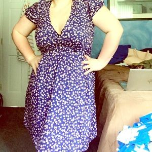 Blue summer dress, with red and white flowers